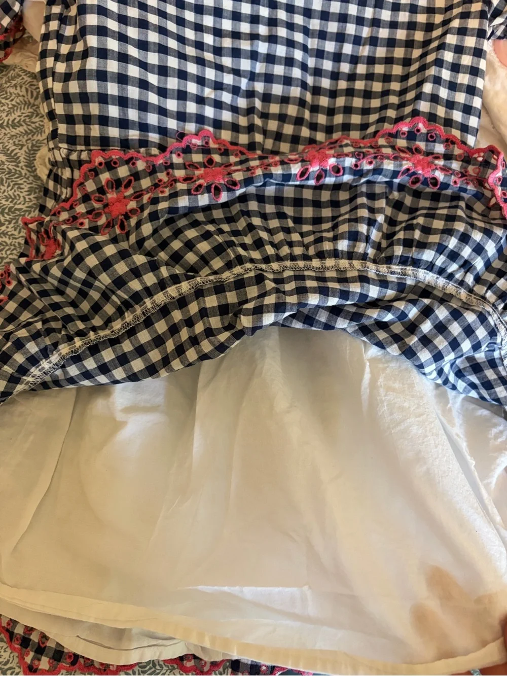 Gap x Sarah Jessica Parker navy white gingham dress with pink eyelet trim